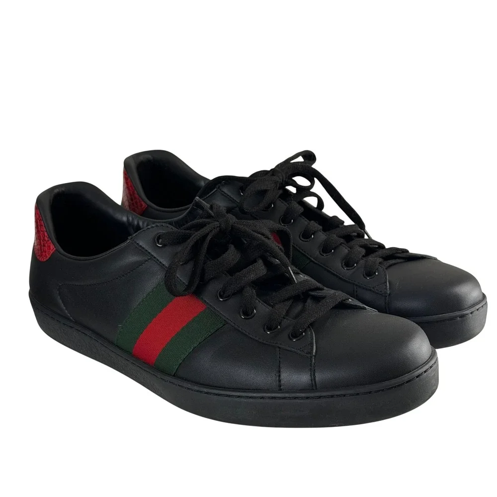 Gucci Ace Black Leather Web Stripe Sneakers Red Snakeskin Heel 386750 w/ Box
